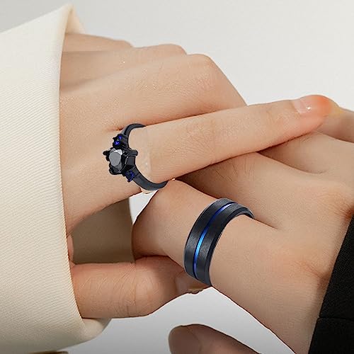 Matching Couple Rings Customizable Promise Rings for Him and Her Stainless Steel Personalized Wedding Rings for Couples Mens Rings Titanium Black Engraved Blue Sapphire Rings for Women,Size 6-13,With Box4