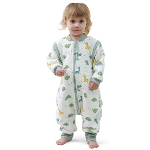 MIKAFEN Saco de Dormir para bebé con pies, 2.0 TOG, 100% algodón, Saco de Dormir para niños Durante Todo el año, con Mangas extraíbles, Saco de Dormir con Pipas, Dinosaurio 4-5 años
