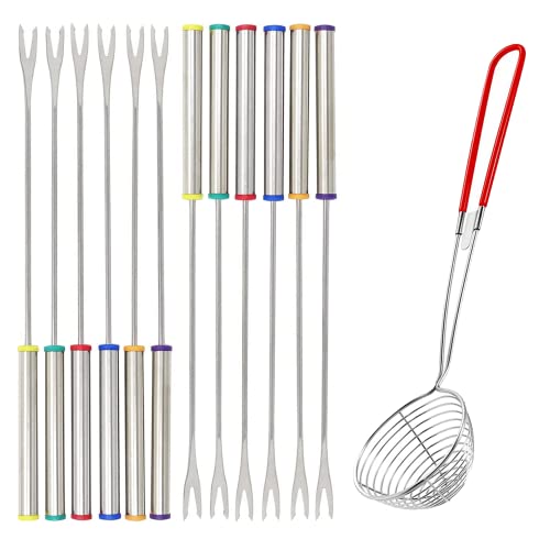 通用 Fonduegabeln Edelstahl mit Hitzebeständigem Griff 6 Farben Fondue Gabel 24cm für Käse Braten Marshmallows Fleisch mit Edelstahl Küchensieb...