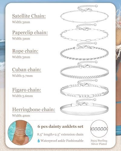 Besteel Ankle Bracelets for Women Waterproof - 14K Gold Plated Non Tarnish Layered Cuban Link Chain Rope Figaro Herringbone Anklets Set Plus Size Anklet Summer Foot Jewelry Gift Adjustable 8 Inch FS