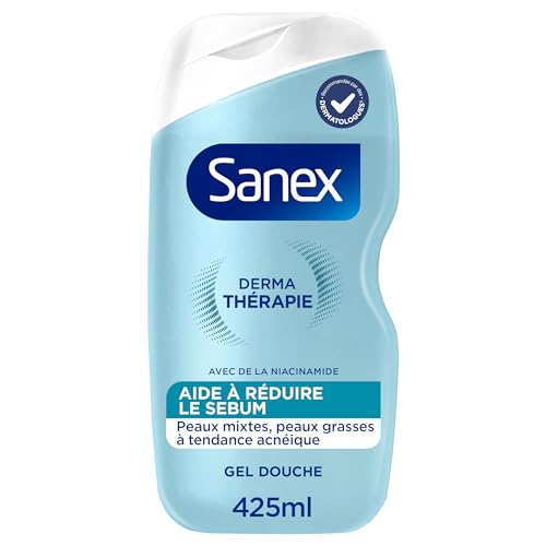 SANEX - Derma Thérapie - Gel douche anti-acné réduisant la production de sébum - Peaux mixtes à grasses - Complexe d’acides aminés et niacinamide -...