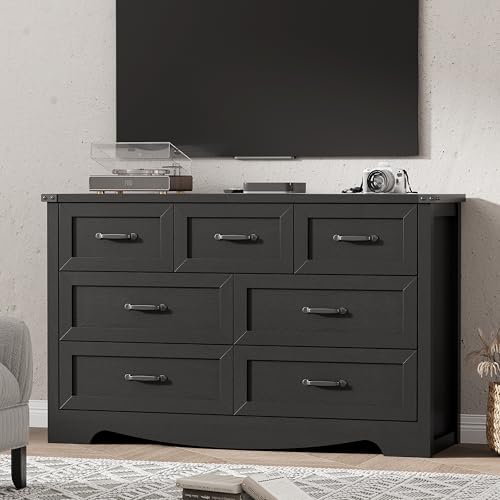 Image of Dresser for Bedroom with 7 Drawers, 48 inch Wide Modern Chest of Drawers with Deep Drawers & Mental Handle, Wood Dresser TV Stand, Wooden Closet Storage Organizer for Living Room, Hallway, Entryway, Black