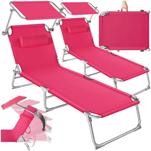 TecTake® Set 2X Lettino Pieghevole, Lettini Prendisole Pieghevoli Sdraio con Parasole, Schienale Regolabile 4 Posizioni, Rivestimento Resistente, Giardino Spiaggia Lettini Prendisole Mare - Rosa