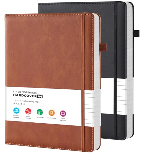 FOCUS DAY (2 Pack) A4 Notebook Journal Large A4 Leather Notepad with 100GSM Lined Paper Inner Pocket Pen Loop Hardback Note Book for Women/Men Work Writing 21.5 x 28 cm Brown & Black