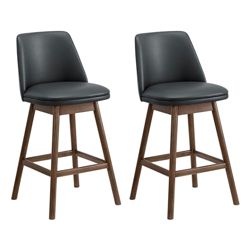 Image of Rowan 26 inch Swivel Counter Height Stool in Walnut Finish with Black Vegan Leather Upholstery Seat - Kitchen or Dining Room Furniture, Set of 2