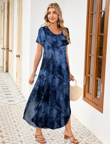 Image of JollieLovin Womens Plus Size Casual Summer Maxi Long Dress Short Sleeve T-Shirt Loose Sun Dress(L-5X)