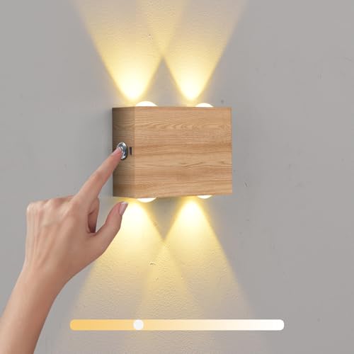 VOMI LED Wandlampe Akku Dimmbar Innen Holzkorn Kabellos Wandleuchte Ohne Stromanschluss mit Touch Dimmbar 4000 mAh Batterie USB Aufladbar Magnetisch Ohne Bohren Wandbeleuchtung für Schlafzimmer