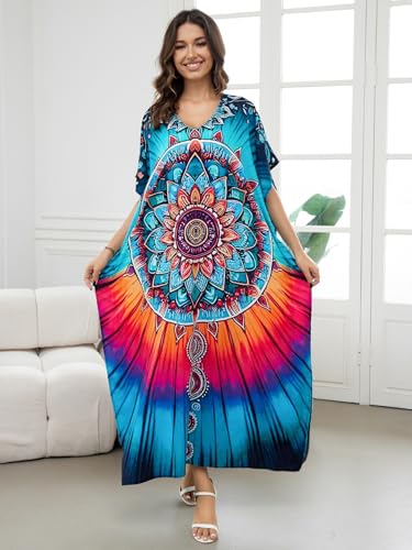 Image of IMAGEKOPE Women's Plus Size Loose Fit Moroccan Print V-Neck Batwing Kaftan Beach Dress Bathing Suit Cover Up