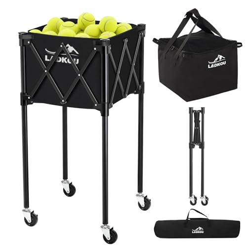 Ladkou Extra Large Tennis Ball Hopper Holds 200 Balls Foldable Tennis Ball Basket with Wheels & Removable Bag Lightweight Pickleball Caddy Cart for Baseball/Softball for Training/Teaching