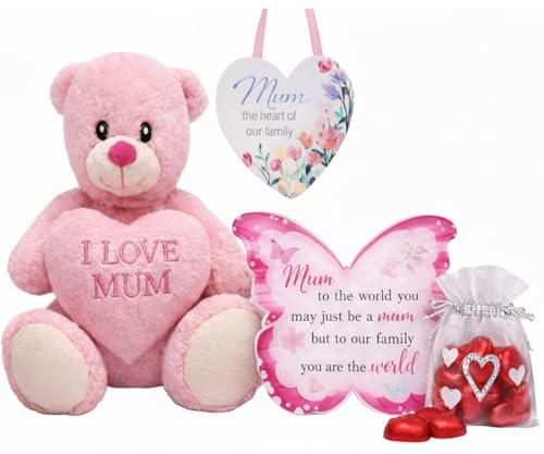 Mum Gift Set with Teddy Bear Heart Plaque and Butterfly Keepsake Mothers Day Gift for Mom Birthday Present for Mom from Daughter I Love Mum Teddy Chocolate Gift Bundle