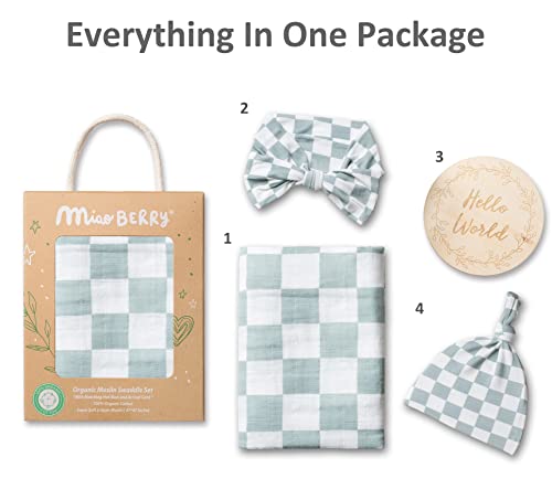 Miaoberry 100% Organic Muslin Swaddle Set| Sage Green Checkered With Matching Hat/Headband #TOP3
