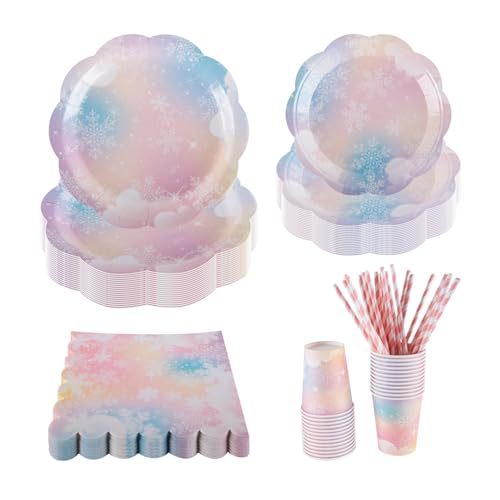 PHUNAT Fournitures de fête La Reine des Neiges pour 25 invités, 125 pièces de vaisselle de fête avec assiettes, gobelets, serviettes et pailles en papier...