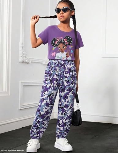 Image of mksodop Girls Outfit Set Graphic T Shirt and Camo Jogger Pants Cute Casual Clothes for Girls 5-16 Years