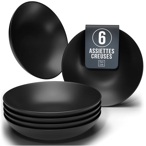 Ensemble de Assiettes Creuses 6 pièces Manhattan Noir Mat - Faïence Premium, Lave-vaisselle, Micro-ondes - Assiettes Stylishes, Service Vaisselle - Collection Pure...