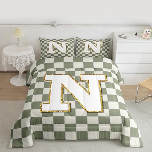 Image of Erosebridal Sage Green Checkered Comforter Set Queen Plaid Initial N Bedding Set Personalized Monogram Comforter for Kids Adults,Fashion Grids Gingham Quilt Duvet