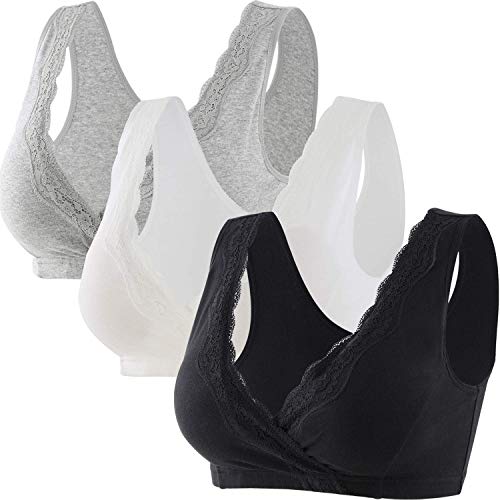 ZUMIY Maternity Nursing Sleep Bra for Breastfeeding, Lace Cotton Maternity Pregnant Tank Top (L/36B 36C 36D, Black+Grey+White/ 3pk)