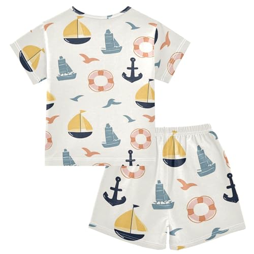 Cartoon Anchor Sailboat Pajama Set, Short Sleeve Cotton Sleepwear Nightwear2