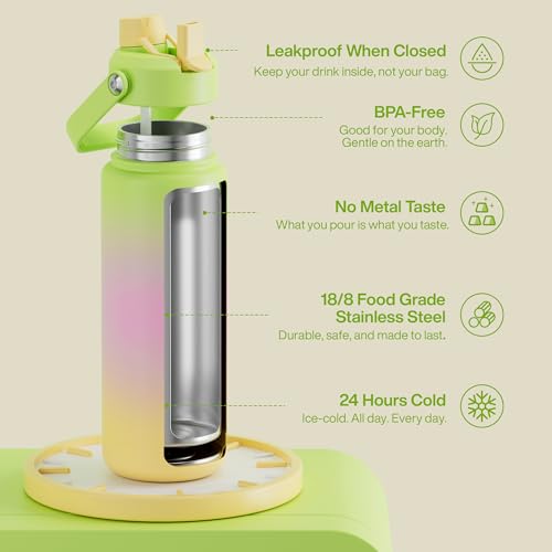 Image of ENCOOL Insulated Water Bottle with Straw Stainless Steel Water Bottle, Leak-Proof, BPA-Free, Double Wall Vacuum Keeps Cold for 24 Hours for Sports, Travel, School (32 oz, Morning Dew)