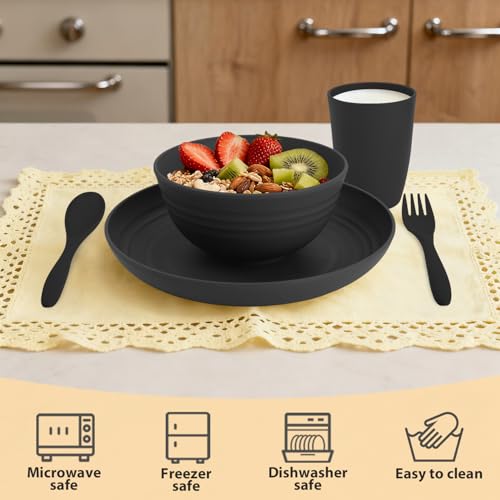 Image of Wheat Straw Dinnerware Sets, Unbreakable Kids Plates and Bowls Sets 20-Piece Service for 4, Alternative Plastic Outdoor Camping Dishes, Microwave & Dishwasher Safe - Black