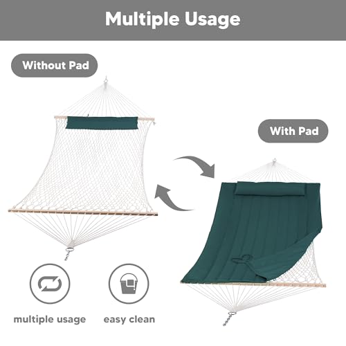 Image of SUNCREAT Hammocks 2 Person Hammock with Hardwood Spreader Bar, Double Rope Hammock with Polyester Pad, Dark Green