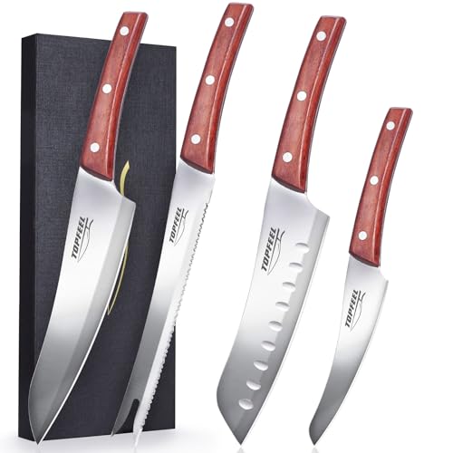 Topfeel Chef Knife Sets 4 PCS, Ultra Sharp Kitchen Knife Sets, High Carbon Stainless Steel Japanese Knife Sets for Cooking With Wood Ergonomic Handle & GIFT BOX