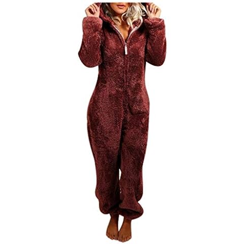 Women Warm Fleece One Piece Footed Pajamas, Onesie Plush Hooded Jumpsuit Nightwear Women Fleece Onesies Zip Front Hoodie Footie Pajamas Adult with Animal Prints Plush Sleepwear, S-5XL (Wine, M) Cover