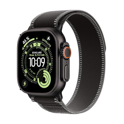 Apple Watch Ultra 3 [GPS + Cellular 49 mm] Montre connectée Course à Pied et Multisport avec boîtier Titane Noir et Boucle Trail Noir/Charbon. Communications Satellite, Suivi santé et activité
