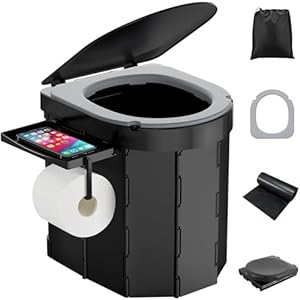 WADEO Tragbare Campingtoilette mit EVA-Komfortsitz, Faltbare Toilette Klapptoilette belastbar bis zu 200kg, mit 20 Müllbeutel, Papier- und Handyhalter, Hygienischer Eimer für Camping Wandern Angeln