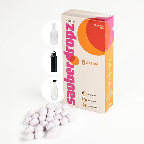 Sauberdropz Active Trinkflaschen-Reinigungstabs 140 Drops MADE IN AUSTRIA für Sportflaschen Thermosflaschen und Wasserflaschen aus Edelstahl Aluminium & Glas einfache Reinigung in 40 Sekunden