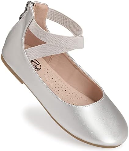 Trary Girls Ballet Flats Roman with Elastic Ankle Strap - Ballet Dress Shoes Silver Size 1