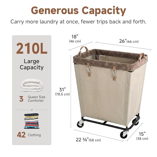 Image of StorageWorks Laundry Basket with Wheels for Clothes, 210L Tan Hamper Cart