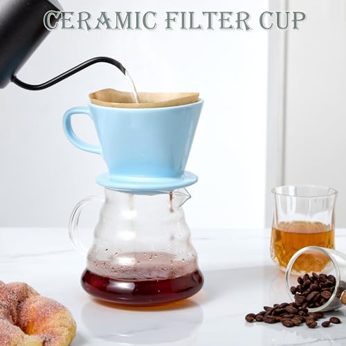 Image of Pour Over Coffee Dripper, Ceramic Pour Over Coffee Maker, Blue | 3 Holes Flat Bottom, Easy Manual Brew Maker, Porcelain Slow Filter Cone for Travel, Camping, Office, Home