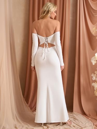 KUTUMAI Off Shoulder Tie Formal Wedding Guest Dresses for Women Fall Long Sleeve Bodycon Lace Up Maxi Dress3