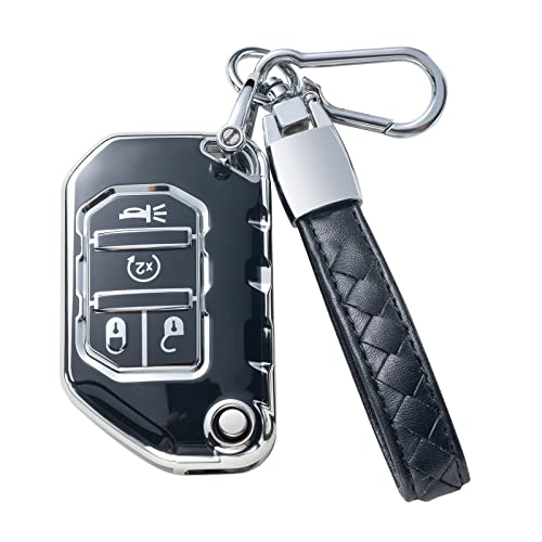 CHEZENHUI Compatible with Jeep Key Fob Cover with Leather Lanyard, Car Key Case Shell Protection for Jeep 2020 2021 Gladiator JT Sahara JLU Smart Remote Control,Black