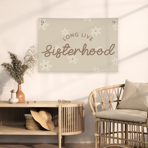 Image of Cute Daisy Girls Room Decor, Long Live Sisterhood Linen Hanging Banner Flag,Boho Flower Banner for Nursery Playroom Wall Decor for Kids Bedroom Dorm Toddler Decorations 30x20,girlroom