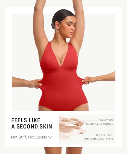 Image of FeelinGirl Shapewear Bodysuits for Women Tummy Control Deep V Neck Body Suits with Adjustable Straps Tops