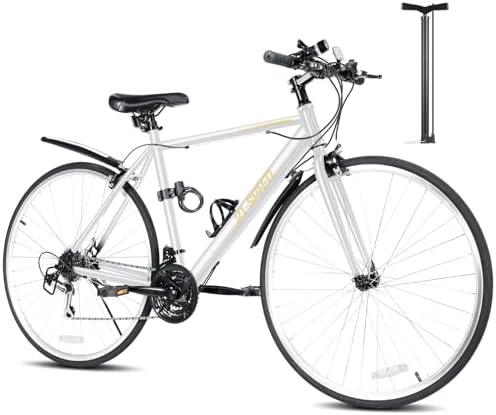 （15:30時点） Mixiu クロスバイク シマノ製21段変速 自転車 700C 27インチ相当 高炭素鋼フレーム 軽量 クロスバイク 男女兼用 通勤 通学 旅行 街乗り マウンテンバイク 空気入れ付き、前後泥除け、ワイヤーロック、ライト、反射板、コップホルダー (ホワイト)