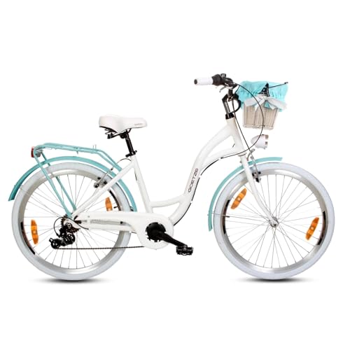 Goetze Mood 26 Zoll Jugendfahrrad, 17 Zoll Tiefeinsteiger Aluminiumrahmen, 6-Gang Kettenschaltung, doppelte V-Bremsen, LED-Beleuchtung, Rattankorb, Komfortsattel, mit Seitenständer & Klingel