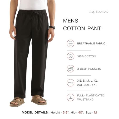 Image of SAADAA Men's 100% Cotton Pants | Mid-Rise Straight Fit Casual Trousers with Elastic Waistband and 3 Pockets | Everyday Wear
