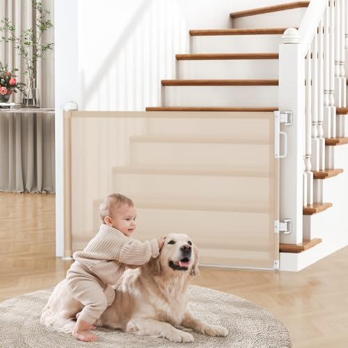Image of Retractable Baby Gate for Stairs & Doorways, Dog Gate Indoor Outdoor | Extends to 55 inch Wide 34 inch Tall Mesh Child Gate for Hallways, Deck, Porch, Pet Toddler Safety Essentials, Easy Install, Beige