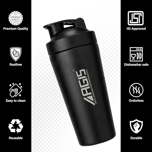 Image of AGIS Steel Shaker Stainless Steel 700ml Leakproof Shaker Bottle with Measurement Marking, Perfect for Fitness Enthusiast & Athletes, Ideal for Mixing Protein Shakes & Pre-Workout Formula (Black)