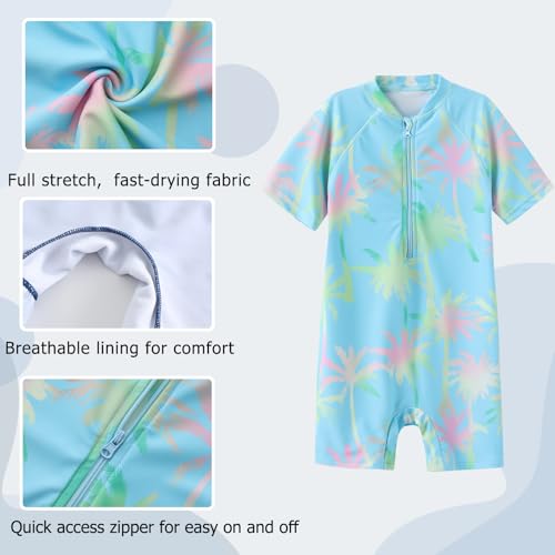 Image of Girls One Piece Rash Guard Swimsuits for Kids UPF 50+ Sun Protection Short Sleeve Swim Shirt
