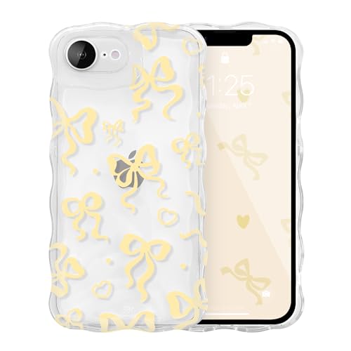 UEEBAI Funda con lazo para iPhone 16e, bonita funda estética ondulada con bonita cinta rizada, elegante, suave, transparente, a prueba de golpes, bonita funda protectora para mujeres y niñas, color