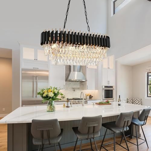 Image of Modern Crystal Chandelie Pendant Crystal Jhumar | for Home| Chandelier for Restaurant | Jhoomar for Hotel | Light Fixture (800X300MM Black Mambha)