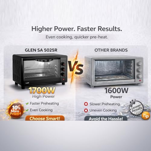 Image of Glen Multi-Function OTG for Kitchen, 25 Litre, 1700W, Oven Toaster Griller with 6 Heating Modes, Adjustable Temperature & Timer, Rotisserie, Bake, Grill & Toast, Oven for Baking - Black (SA5025R)
