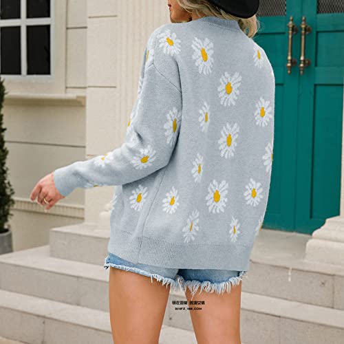 Image of Women's Floral Print Long Sleeve V-Neck Sweaters Button Down Ribbed Cuffs Knit Cropped Cardigan Sweater