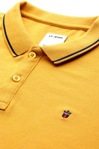Image of Louis Philippe Men's Slim Fit Single-Tuck Pique Stylized Sleeve Print and Contrast Tipping Half Sleeve Solid Polo Tshirt