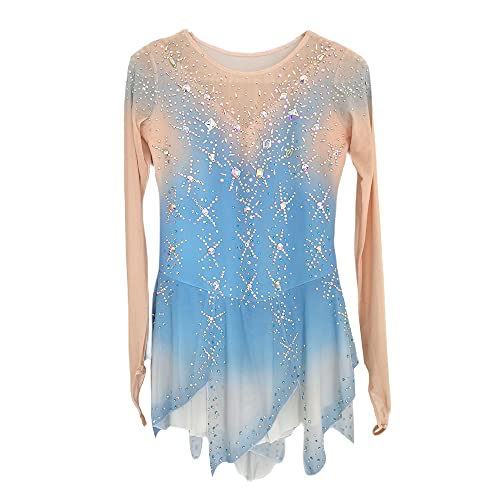 Figure Skating Dress Round Neck Blue Diamond Gradient Long Sleeve Hook Finger Girls Show Competition #TOP23