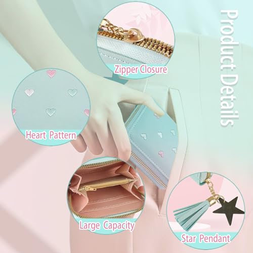 Women's Wallets, Heart-Pattern Wallet for Women with Small Coin Pouch, Womens Leather Wallet Card Holder Ladies Wallets with Card Slots& Star Pedant (Blue, S)3