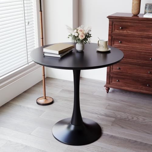 Modern Round Dining Table: Black MDF Top & Metal Base - Compact Space-Saving Kitchen & Living Room Table - Easy Assembly & Clean Minimalist Design for Small Apartments